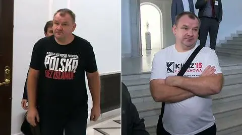 Mężczyzna później przebrał się. Wyszedł w koszulce z logo Kukiz&#039;15 Częstochowa