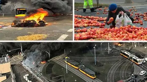 Protesting farmers have blocked a busy roundabout in central Warsaw with piles of burning straw, apples and a pig carcass strewn across the road