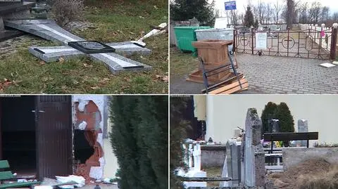 Dziura w ścianie kaplicy, wywleczony ołtarz. Zniszczenia na cmentarzu