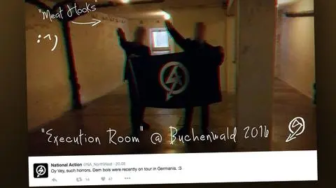 Brytyjczycy pokazują hitlerowski gest w obozie koncentracyjnym.