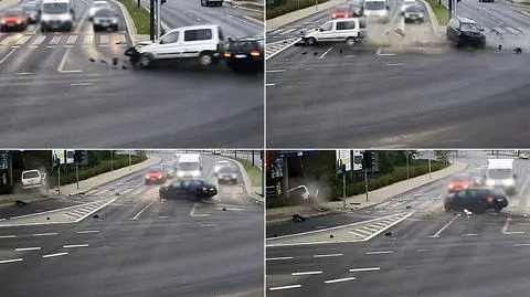 Olsztyn. Wjechał na czerwonym świetle, zderzenie, auto wpadło do rowu