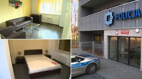 Pokoje gościnne na komisariacie. W nich małżeńskie łóżka i aneksy kuchenne