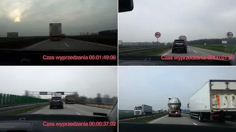 80 km/h lewym pasem. Wyprzedzające się tiry blokują autostradę
