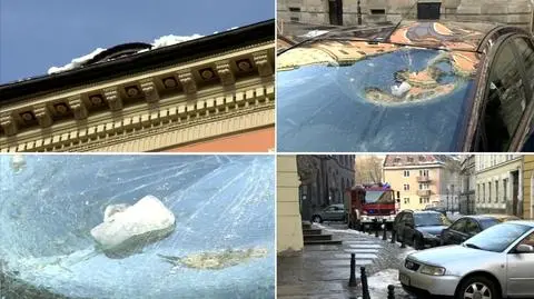 Rozbita szyba, uszkodzony dach. 
Sople spadły na samochód
