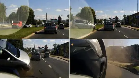 Przewrócił się na bok i uderzył w radiowóz. Policja pokazuje nagranie