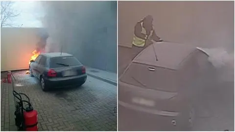 Pożar auta na stacji paliw. Gasił je policjant
