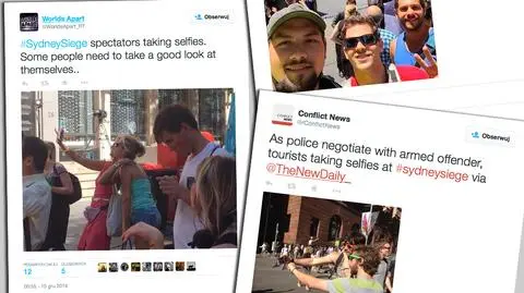 Ludzie robią selfie w pobliżu kawiarni, w której przetrzymywani są zakładnicy