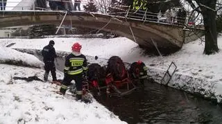 Ciągnik wpadł do potoku, kierowca był zakleszczony w zmiażdżonej kabinie