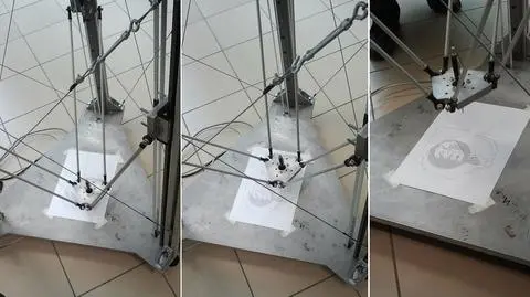 Calliope rysuje logo TVN24. 
"To robot-artysta"