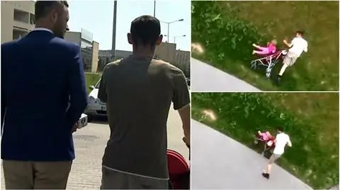 Prowadzi wózek, ledwo trzyma się na nogach