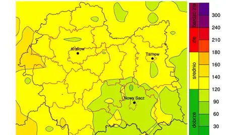 Mapa ilustrująca poziom stężenia ozonu w dniu dzisiejszym