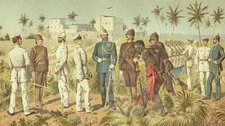 Niemiecka litografia z 1899 r. przedstawiająca przymusowy pobór do wojska członka plemienia Mafiti w dawnej Niemieckiej Afryce Wschodniej