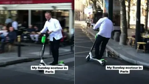 Through the streets of Paris on a power scooter. Donald Tusk posted a video