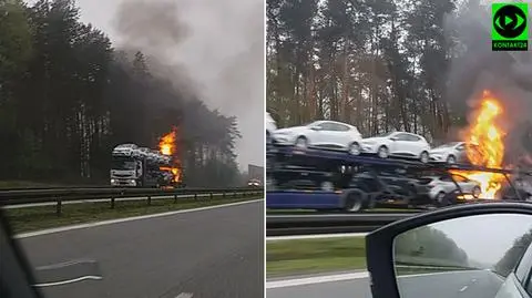 Na S8 płonęła laweta z nowymi samochodami