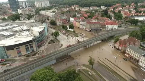 Zalane ulice Gdańska z lotu ptaka