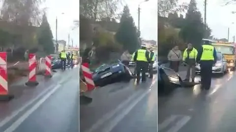 Nie wyhamowała, wjechała w bariery i do dziury