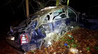 Audi roztrzaskane na słupie i drzewach