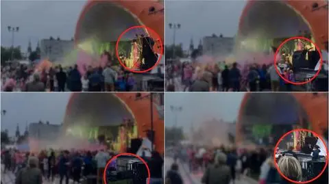 Umieszczony przy scenie głośnik nagle przechyla się i spada na ziemię