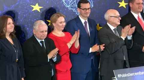 Jarosław Kaczyński (2L) and Mateusz Morawiecki (4L) at Law and Justice (PiS) party rally