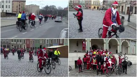 Mikołaje na rowerach przejechali ulicami Poznania. "Trzeba zbić kalorie po świętach"