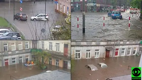 Ulewa w Brzezinach. Gradobicie i zalane samochody