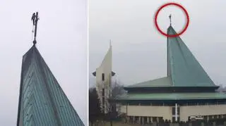 Śmiałek na szczycie kościoła naprawiał oświetlenie