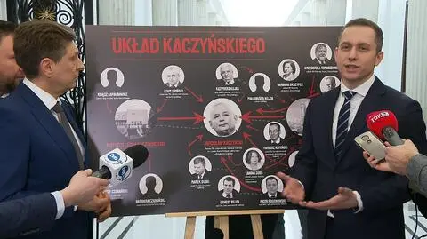 Politycy PO prezentują tablicę "Układ Kaczyńskiego"