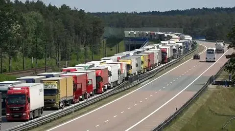 Endless line of trucks. Extremely long traffic jam on westbound A2 