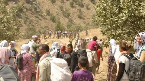 Jazydzi uciekający w góry Sinjar przed bojownikami