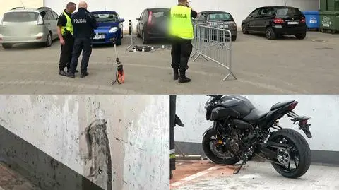 Motocyklista wypadł z piętrowego parkingu i spadł na samochód