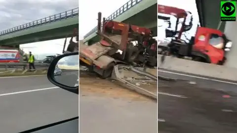 Gryfino: ciężarówka uderzyła w wiadukt, pękła opona