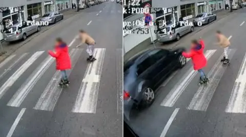 Płock, ulica Gradowska: Dziewczynki na rolkach, kierowca prawie zmiótł je z drogi. Nagranie z autobusu