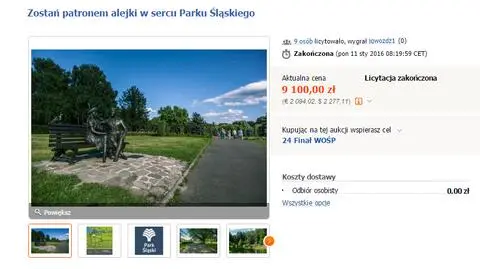 WOŚP: 9 tys. zł za wyznaczenie nazwy alejki parkowej na rok