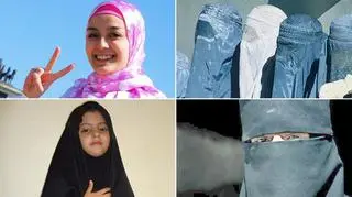 Tradycyjne muzułmańskie nakrycia głowy kobiet: hidżab (lewa góra), burka (prawa góra), czador (lewa dół), nikab (prawa dół)