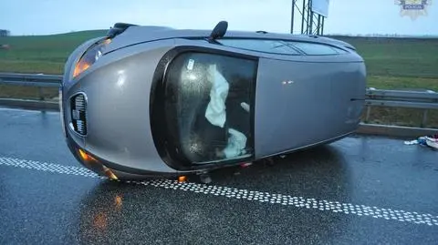Zderzenie z łosiem na autostradzie. 
Samochód na boku, kierowca ranny