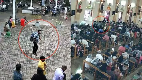 Mężczyzna z plecakiem wchodzi do kościoła