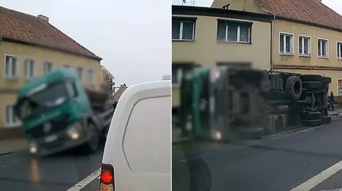 Ciężarówka "położyła się" na chodniku. Tuż przy pieszych