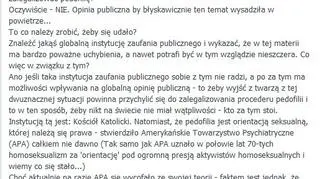 9.11| "Jak sądzicie, czy w dzisiejszym świecie jest łatwo zalegalizować pedofilię?" - pyta na jednym z portali społecznościowych ksiądz z kurii wrocławskiej i zastanawia się, czy ataki na kościół nie prowadzą do legalizacji pedofilii. Po kilku godzinach wpis z profilu księdza znikna, a kuria komentuje: - Poprosimy księdza o rezygnację z publikowania takich tez.