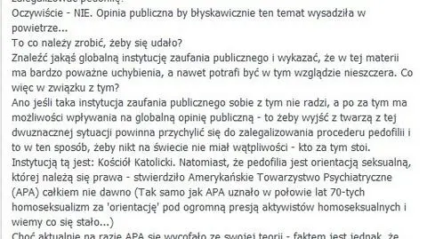 "Nagonka na kościół, żeby zalegalizować pedofilię?" Kuria: Dobrze, że ksiądz usunął ten wpis