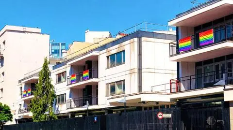 Rainbow-coloured flags hanging outside the US Embassy in Warsaw at Piękna street