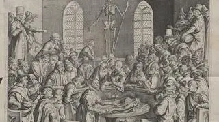 Publiczna sekcja zwłok. Rycina z: Peter Paaw, Primitiae anatomicae. Lejda: Joost van Colster, 1615. 03. Operacja oczu. Rycina z: Georg Bartisch, 