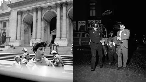 Dwa zdjęcia Vivian Maier: "Woman Hat New York Public Library" i "Man Being Dragged by Cops Night"