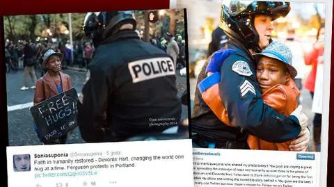 Policjant obejmuje czarnoskórego nastolatka. Wzruszające zdjęcie z protestów ws. Ferguson