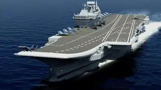 Komputerowa grafika przedstawiająca ukończony lotniskowiec. Obecnie nie ma nadbudówki