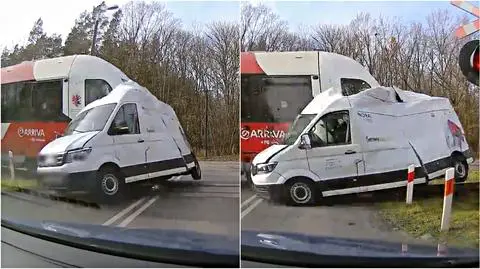Pociąg zmiótł auto dostawcze z przejazdu. Kierowca cudem przeżył