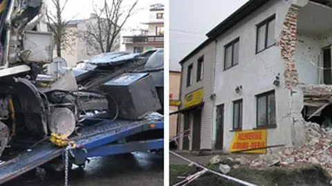 Tir wyrąbał dziurę w budynku