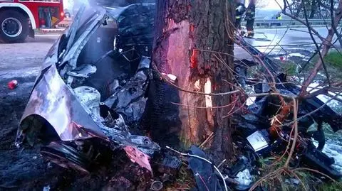 Auto wbiło się w drzewo i stanęło w płomieniach