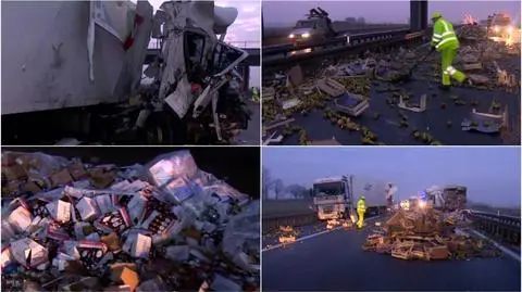 Zderzenie dwóch tirów na A2. Autostrada zasypana owocami i butelkami