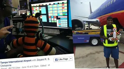 Pluszowy tygrys Hobbes przeżył przygodę na lotnisku w Tampie