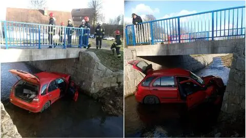 Dolny Śląsk. Samochód wpadł do rzeki i zatrzymał się pod mostem